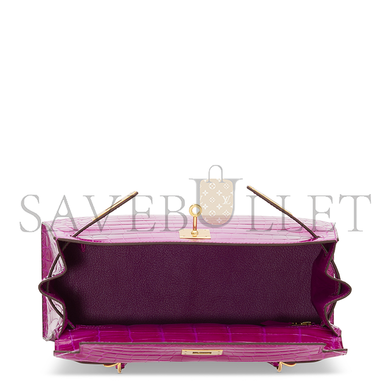 H**mes master a shiny rose schÉhÉrazade niloticus crocodile sellier kelly 28 with gold hardware (28*22*10cm)